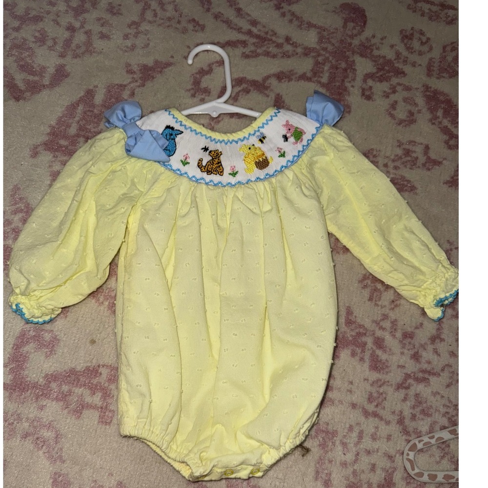 The Posh Piglet Baby Girl 9M Smocked Bubble Romper Winnie the Pooh Long Sleeve